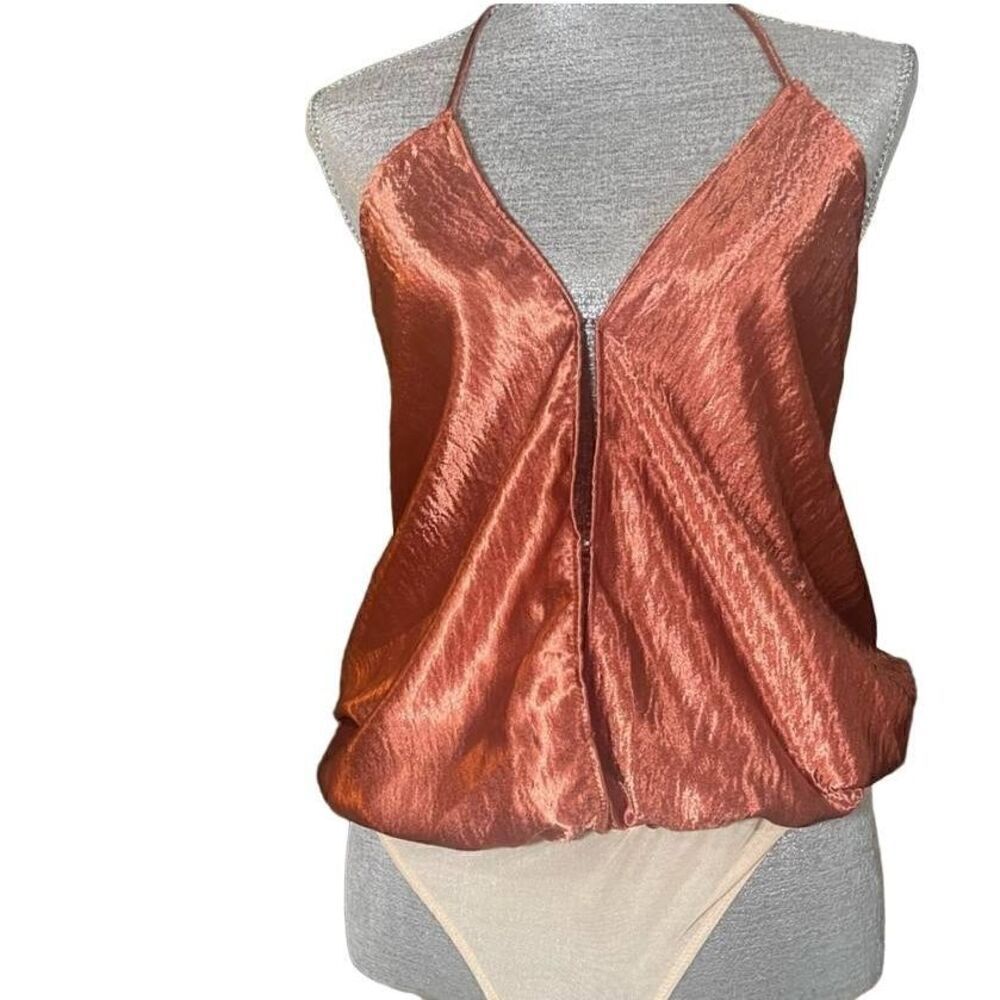 Free People Satin Halter Bodysuit-Burgundy